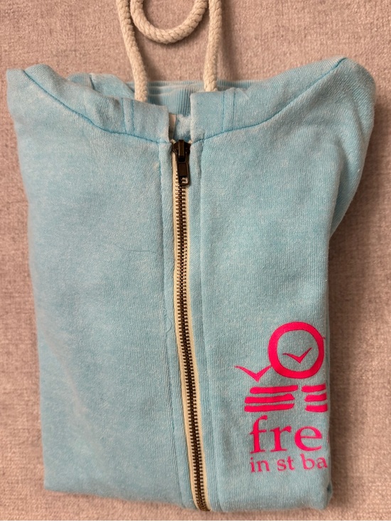 Free in St. Barths Tops - Free In St Barth Turquoise Terry Cloth Zip Hoodie Pink Logo